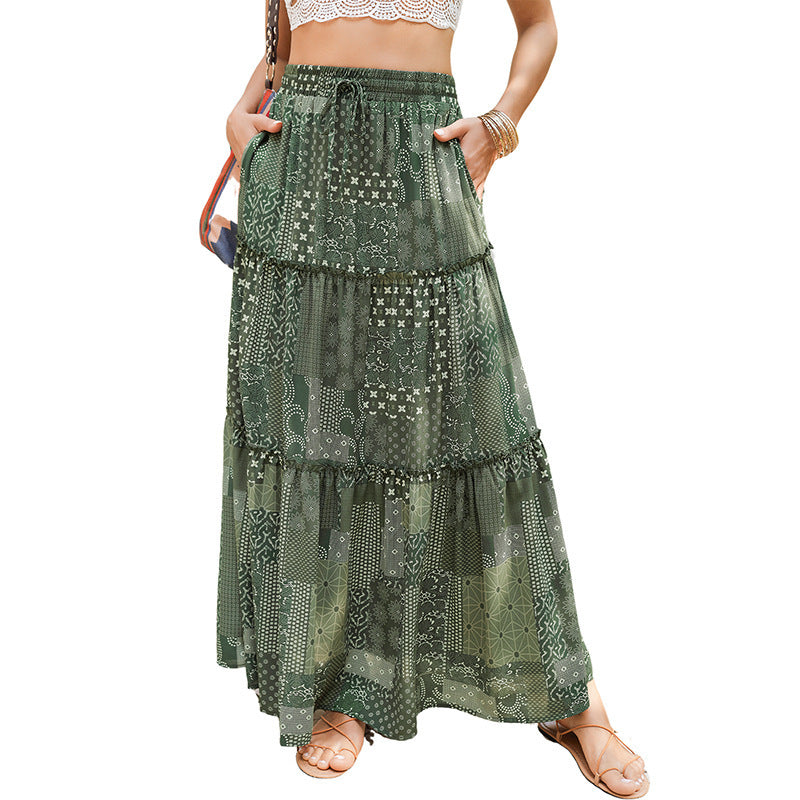 Summer Bohemian Beach Women Skirt Vintage High Waist Elastic Printed Clothing Loose Casual Elegant