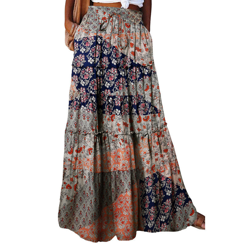 Summer Bohemian Beach Women Skirt Vintage High Waist Elastic Printed Clothing Loose Casual Elegant