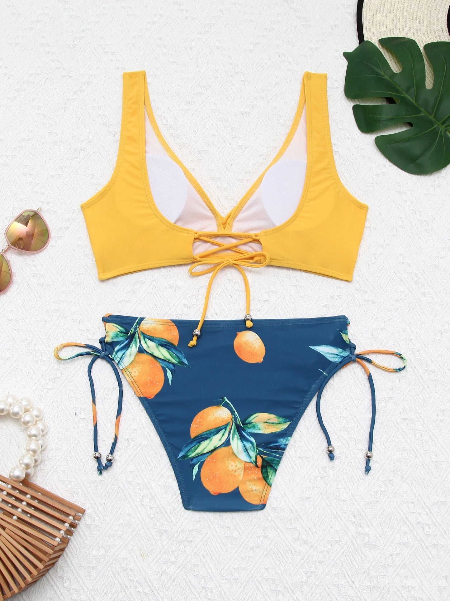2pcs Women's Floral Lemon Print Bikini Set